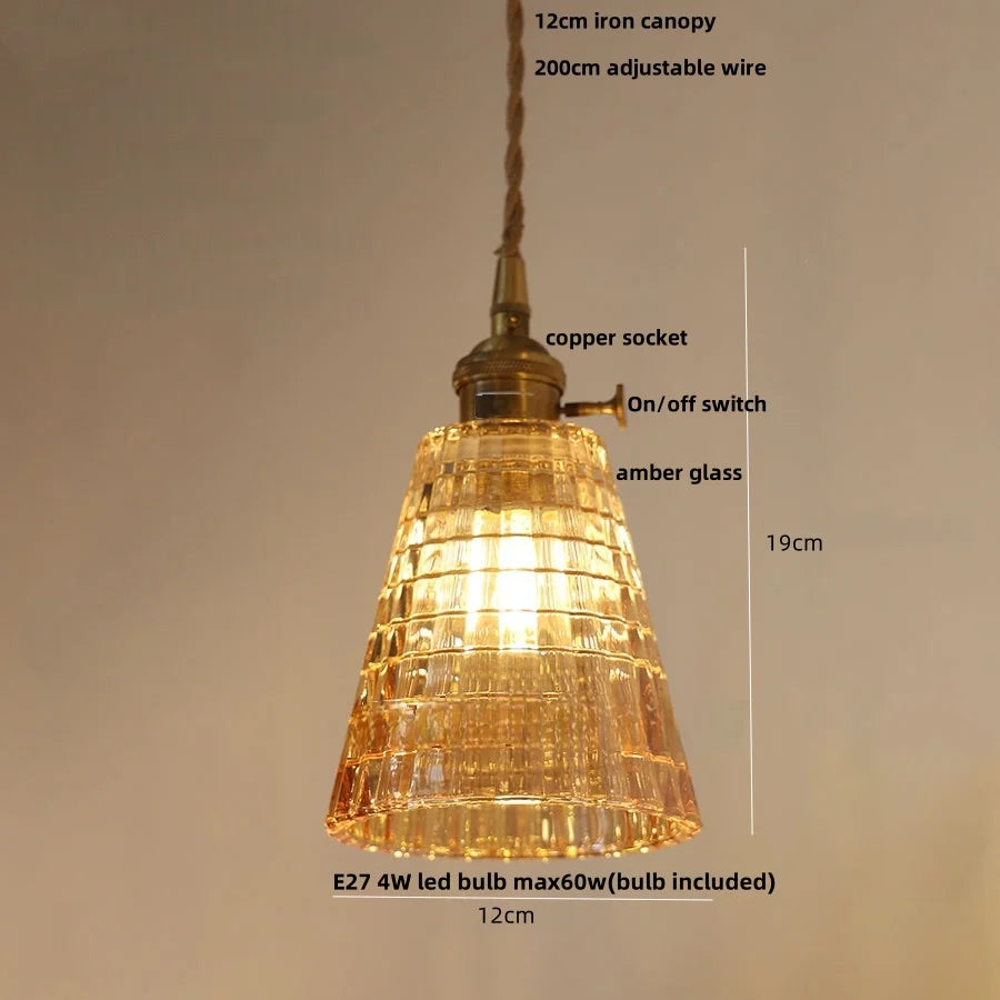 Afralia™ Vintage Green Glass Flower Knob Switch LED Pendant Lights, Copper Hanging Lamp