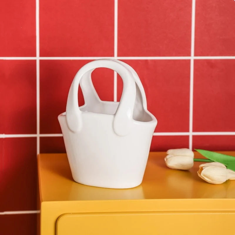 Afralia™ Ceramic Vase Handbag Terrarium Home Decoration Flower Arrangement Accessories