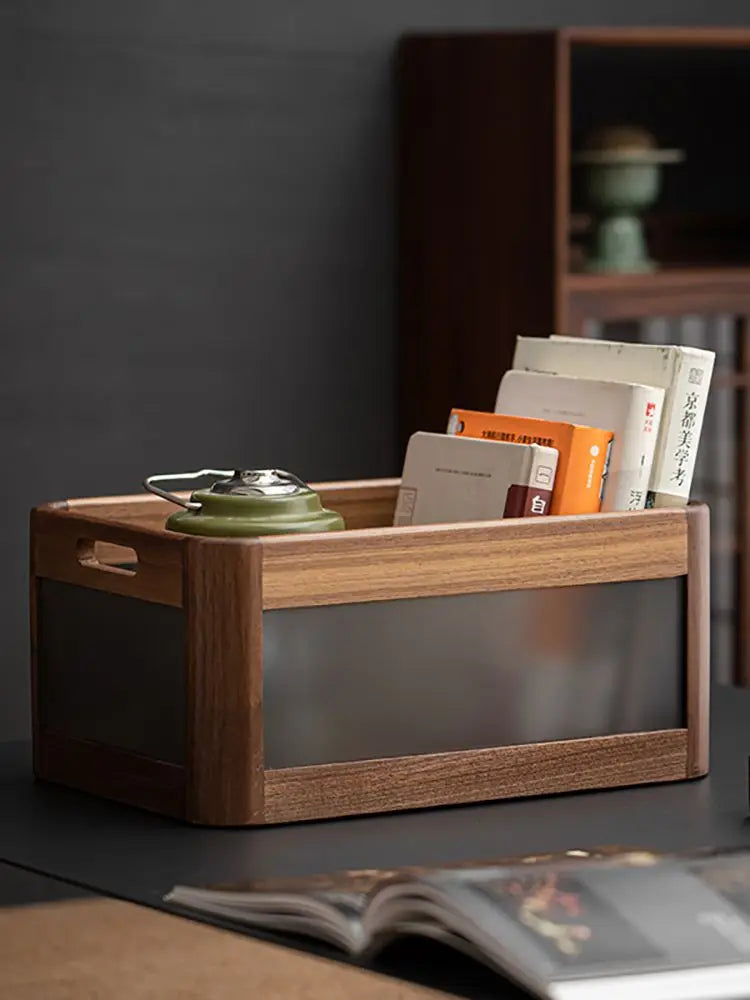 Afralia™ Black Walnut Wood Desktop Organizer Box - Multi-functional Office & Makeup Case
