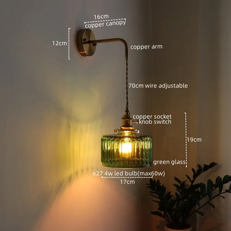 Afralia™ Vintage Green Glass Copper LED Wall Lights Pull Chain Switch Hallway Bedroom Balcony Wall Lamp