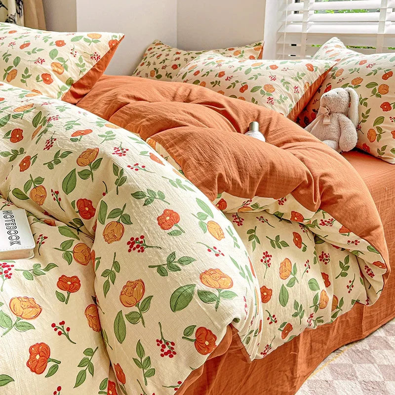 Afralia™ Cotton Flower Printed Comforter Set: Breathable Double-Layer Yarn, Soft Bedding for Girls