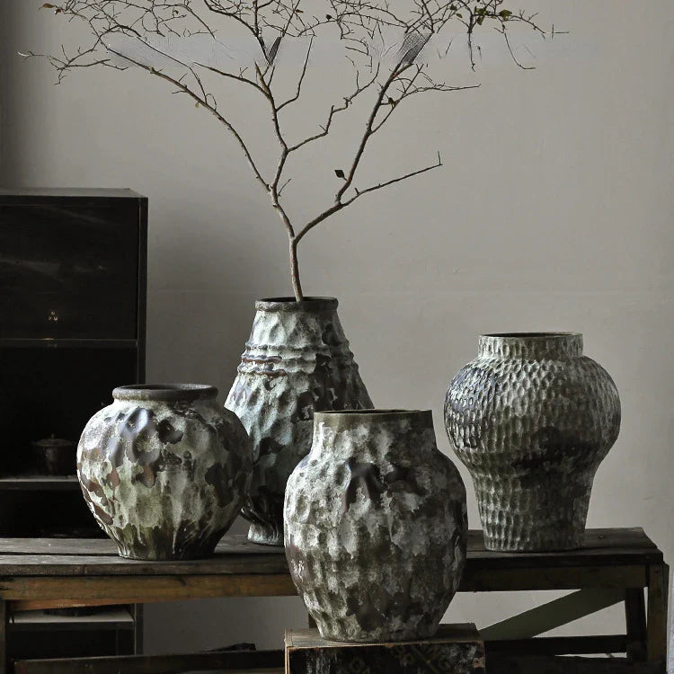 Afralia™ Coarse Pottery Vase Chinese Retro Porcelain Floral Arrangement Home Decor