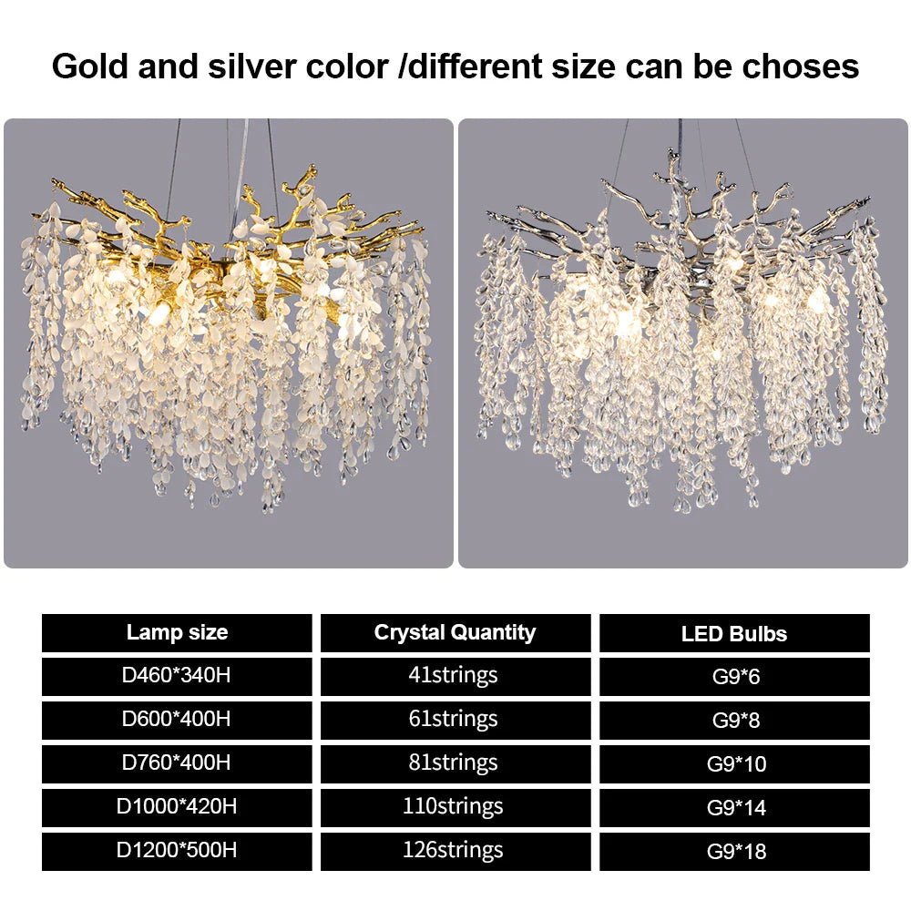 Afralia™ Grape Crystal Chandelier Silver Gold LED Tree Branch Luxury Lighting