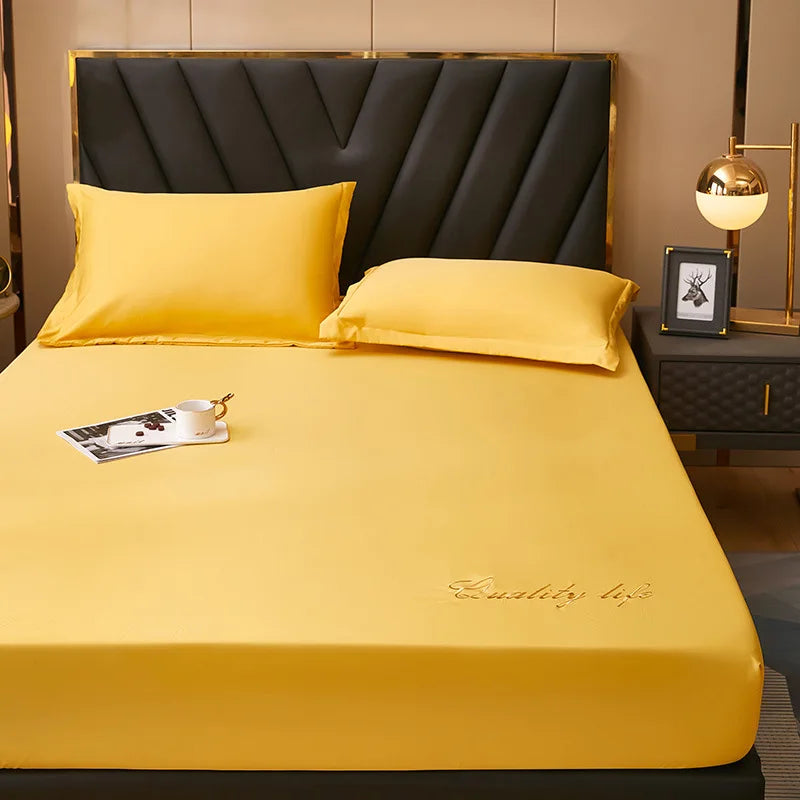 Afralia™ Silky Embroidered Fitted Sheet Set Queen Size Solid Color Luxury King Bedsheet