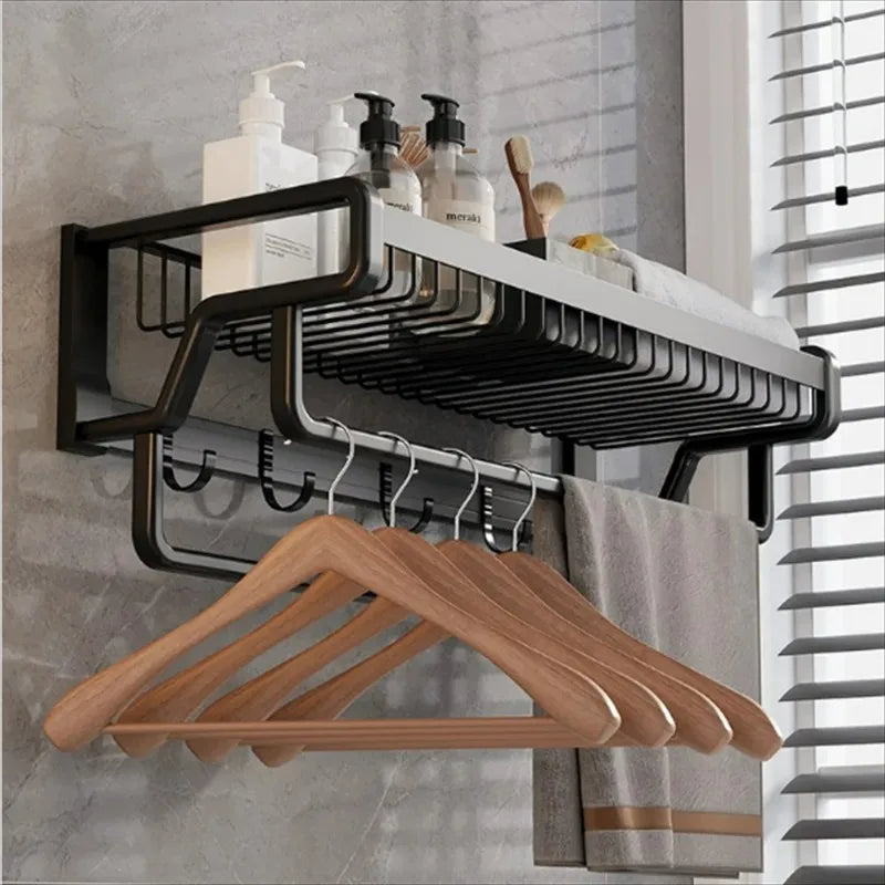 Afralia™ Aluminum Bathroom Towel Holder with Hook and Storage Basket