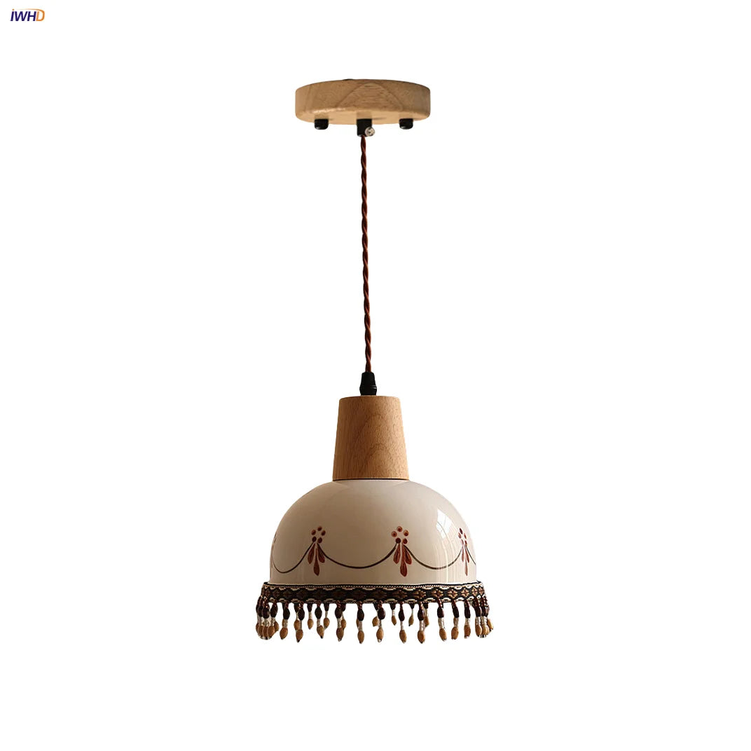 Afralia™ White Ceramic Tassel LED Pendant Lamp - Modern Nordic Wood Hand-drawn Fixture for Bedroom and Cafe