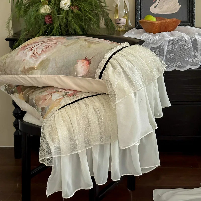 Afralia™ Double Lace Ruffles Egyptian Cotton Thickened Bedding Set - Duvet Covers, Sheet, Pillowcases