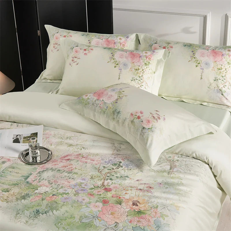 Afralia™ Flowers Pattern 1000TC Egyptian Cotton Luxury Bedding Set & Silk Duvet Cover