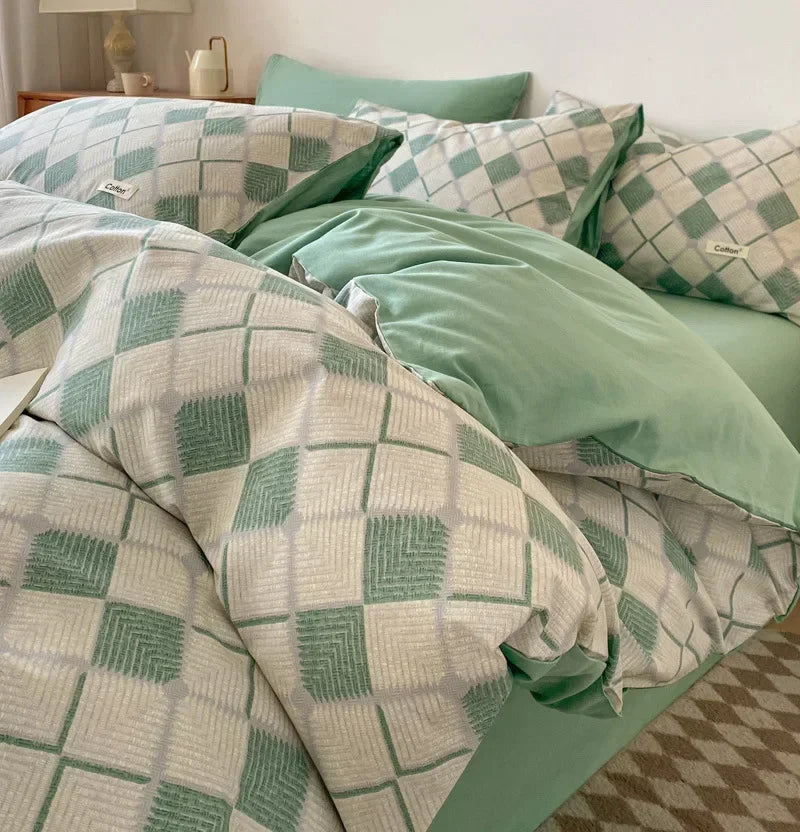 Afralia™ Grid Printed Cotton Fitted Sheet Set - Double-Sided Mix Color Quilt Cover