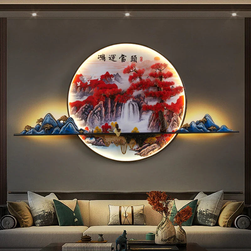 Afralia™ 3D Chinese Pine Landscape Picture Wall Lamp for Home Living Room