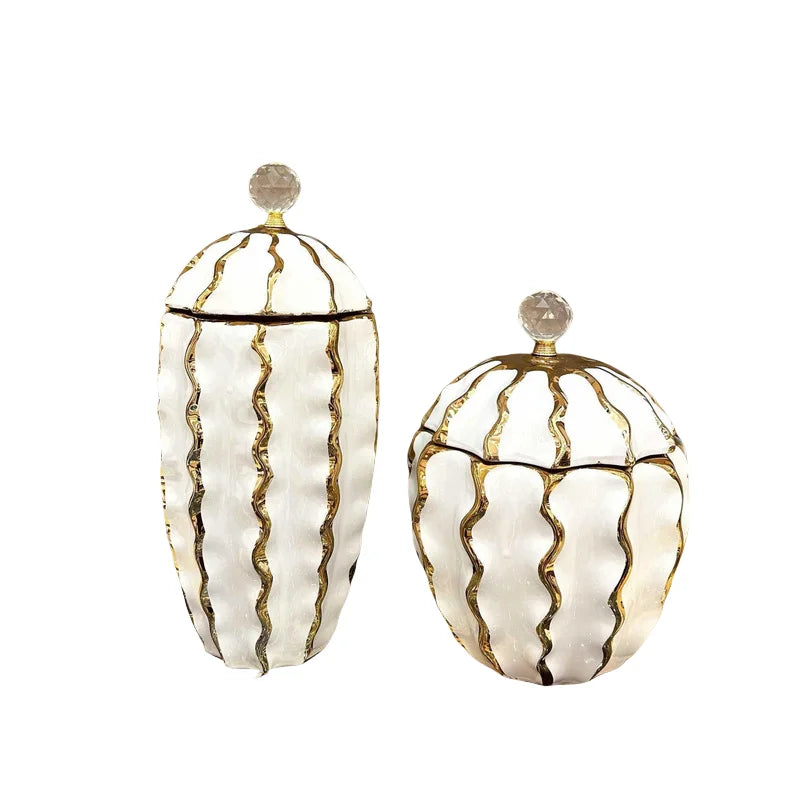 Afralia™ Golden Checkmate Ceramic Pot Vase Wavy Gilt Storage Tank
