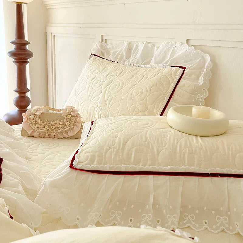 Afralia™ Lace Ruffles Bedding Set: 4pcs Solid Color Princess Quilt Cover, Bed Skirt, 100% Cotton Pillowcase
