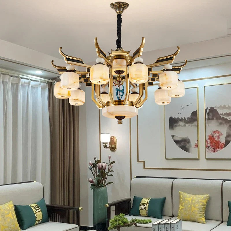 Afralia™ All Copper Jade Chandelier for Villa Living Room, Dining Room - Chinese Style Duplex Copper Lamp