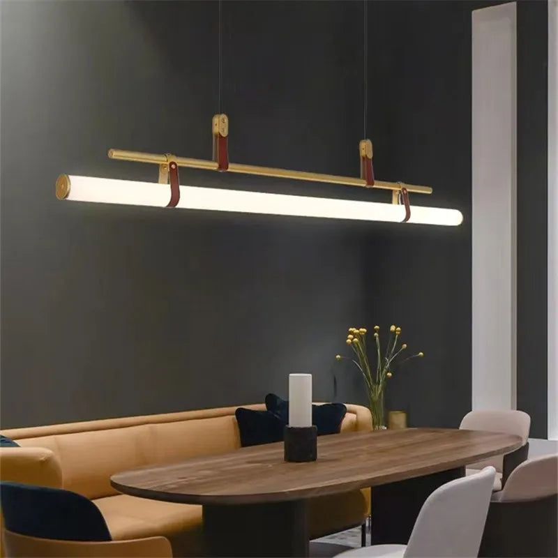 Afralia™ Lucien Tube Chandelier Black Gold Leather Pendant Light Fixture