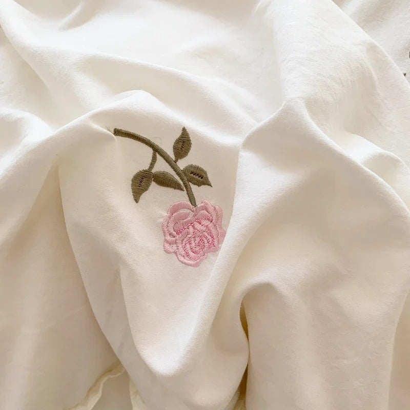 Afralia™ Rose Flowers Ruffle Lace Bedding Set, Washed Cotton Duvet Cover, Skin Friendly
