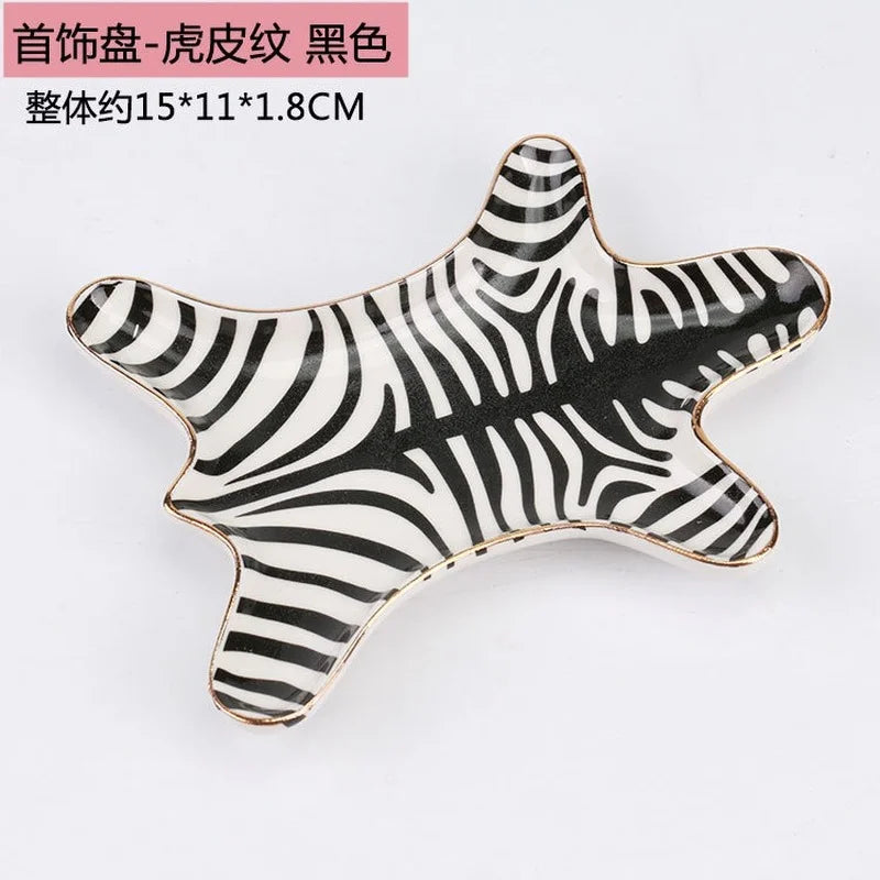 Afralia™ Gold Tiger Skin Ceramic Plate Zebra Dish Jewelry Holder Tray