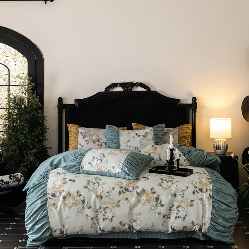 Afralia™ Vintage Rose Print Ruffles Bedding Set: 800TC Egyptian Cotton, Duvet Cover, Sheet, Pillowcases