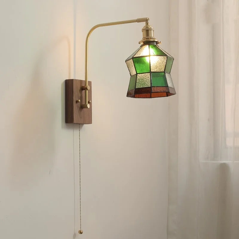 Afralia™ Glass Walnut LED Wall Lamp with Pull Chain Switch - Modern Home Decor