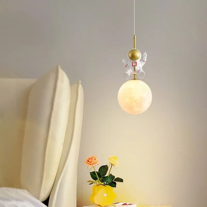 Afralia™ Astronaut Moon LED Pendant Light for Children's Room, Nordic Iron Design.