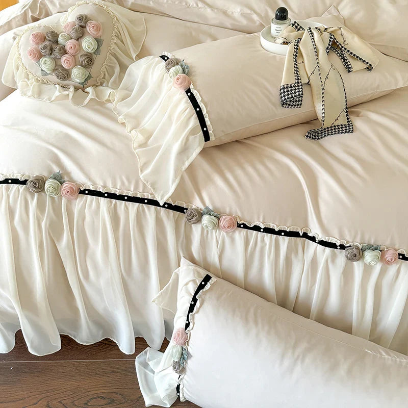 Afralia™ Rose Flowers Lace 1000TC Luxury Princess Wedding Bedding Set