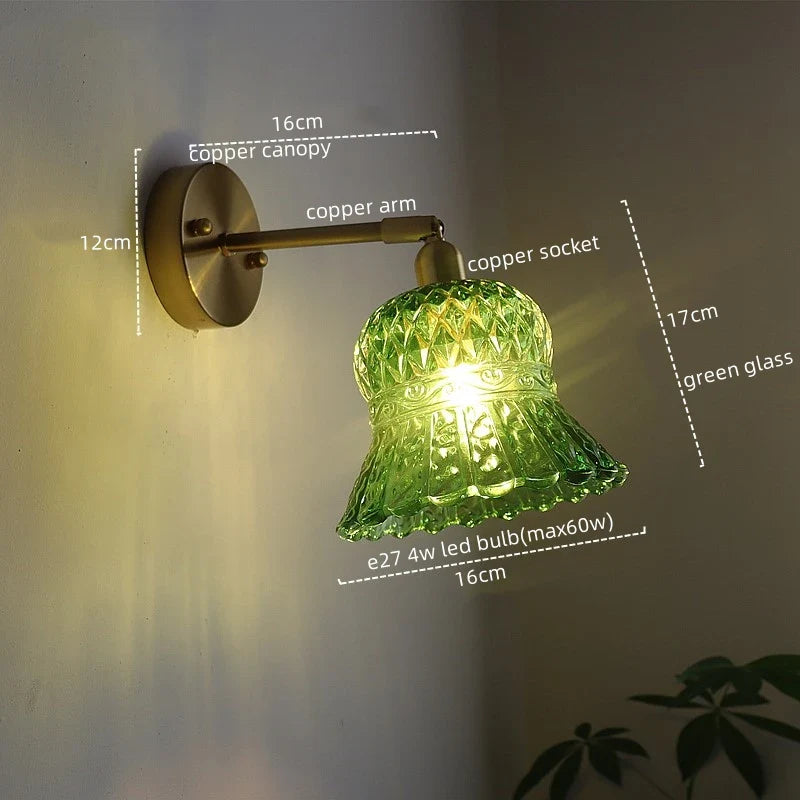 Afralia™ Vintage Copper Glass LED Wall Light with Pull Chain Switch for Dining Room Bedroom