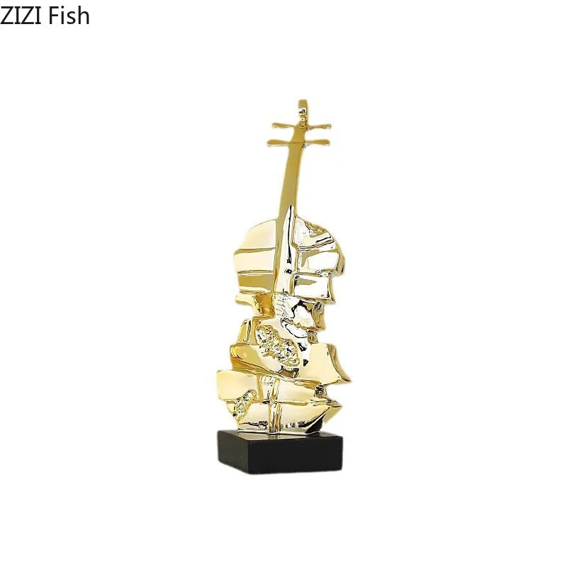 Afralia™ Golden Violin Sculpture Resin Art Ornament Stack Violin Statue Decor