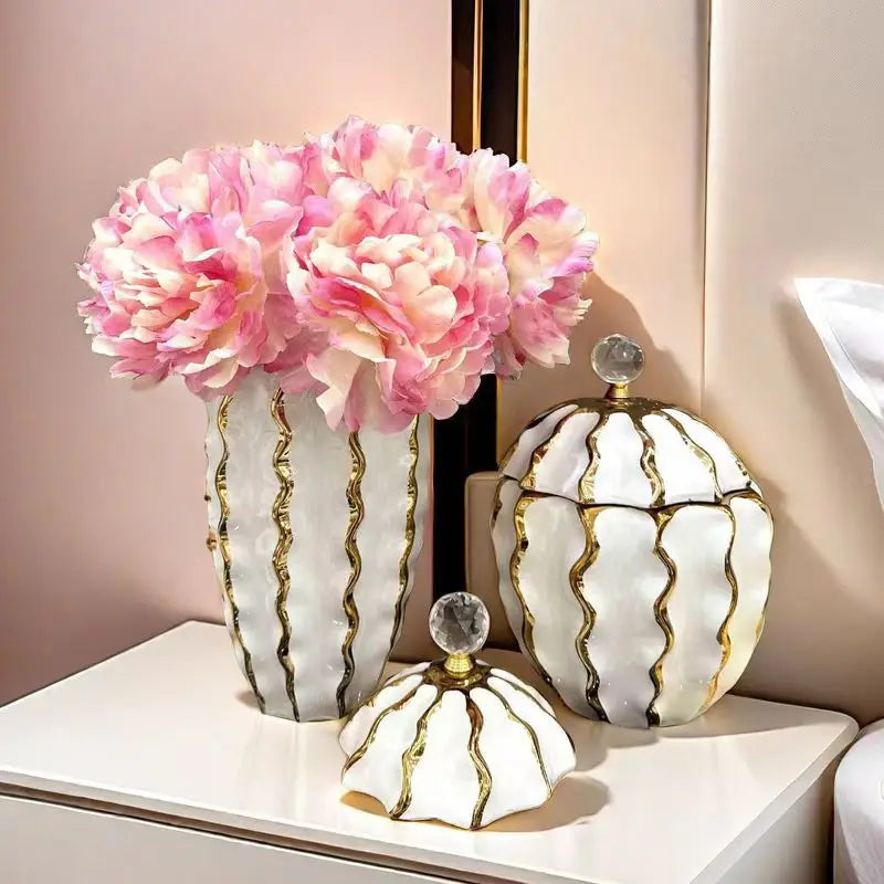 Afralia™ Golden Checkmate Ceramic Pot Vase Wavy Gilt Storage Tank