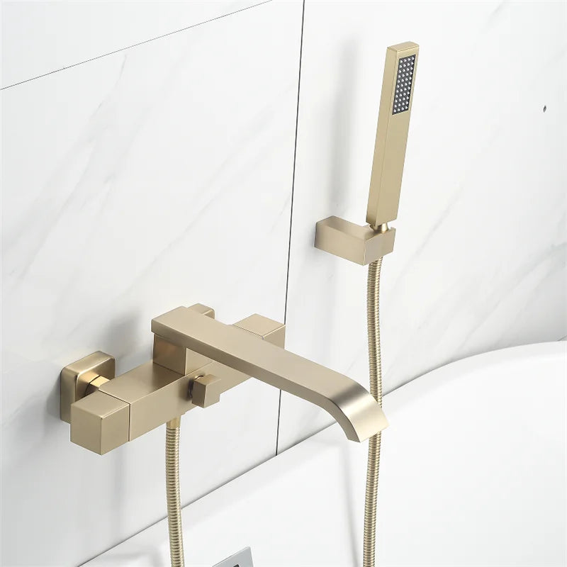 Afralia™ Brushed Gold Wall Mounted Waterfall Bathtub Shower Set Mixer Tap