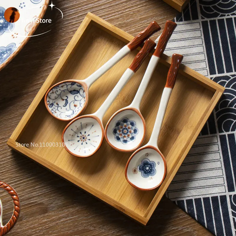 Afralia™ Japanese Vine Ceramic Spoon Set - Ins Wind Hand-painted Long Handle Dessert Spoons