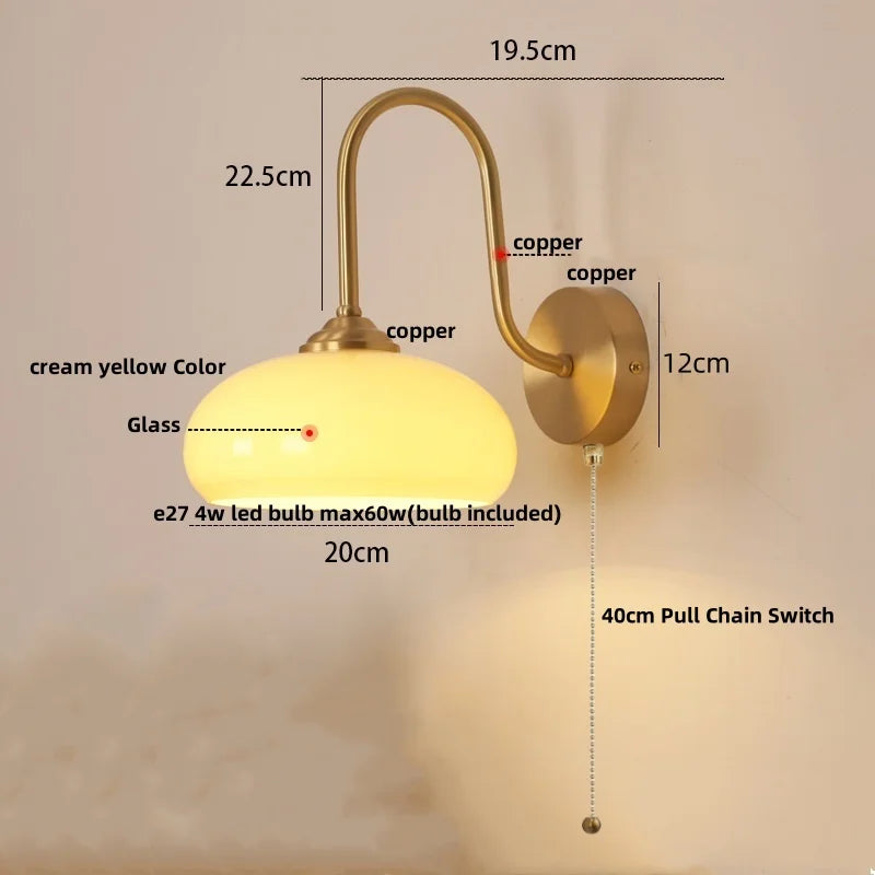 Afralia™ Glass LED Wall Sconce Pull Chain Switch Copper Nordic Stair Light
