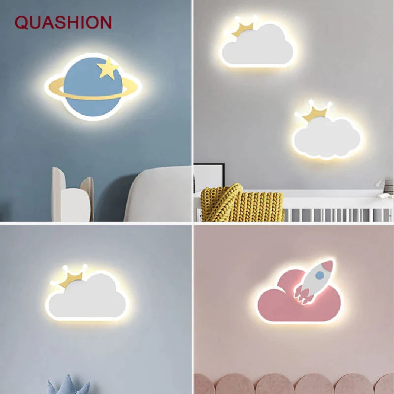 Afralia™ Children's Room Crown Clouds Rocket Planet Night Light Bedside Lamp