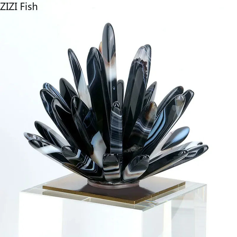 Afralia™ Black Agate Flower Crystal Art Desk Decoration on Crystal Base