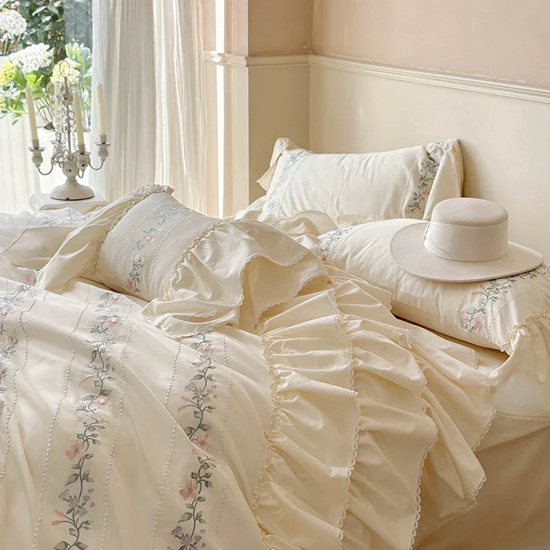 Afralia™ Luxe Three-Layer Ruffles Flowers Embroidery Cotton Girl Bedding Set 4Pcs