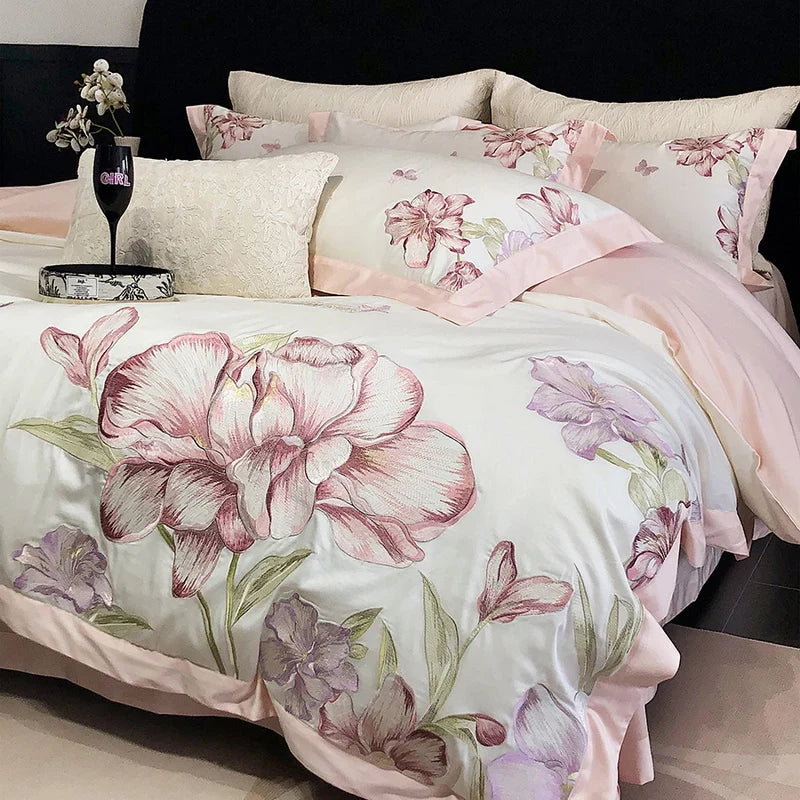 Afralia™ Blooming Flowers Embroidery Bedding Set 600TC Egyptian Cotton Duvet Cover Queen King
