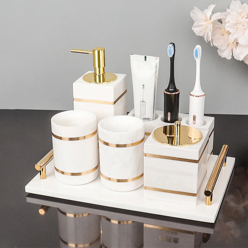 Afralia™ Volakos White Marble Bathroom Set with Golden Accents