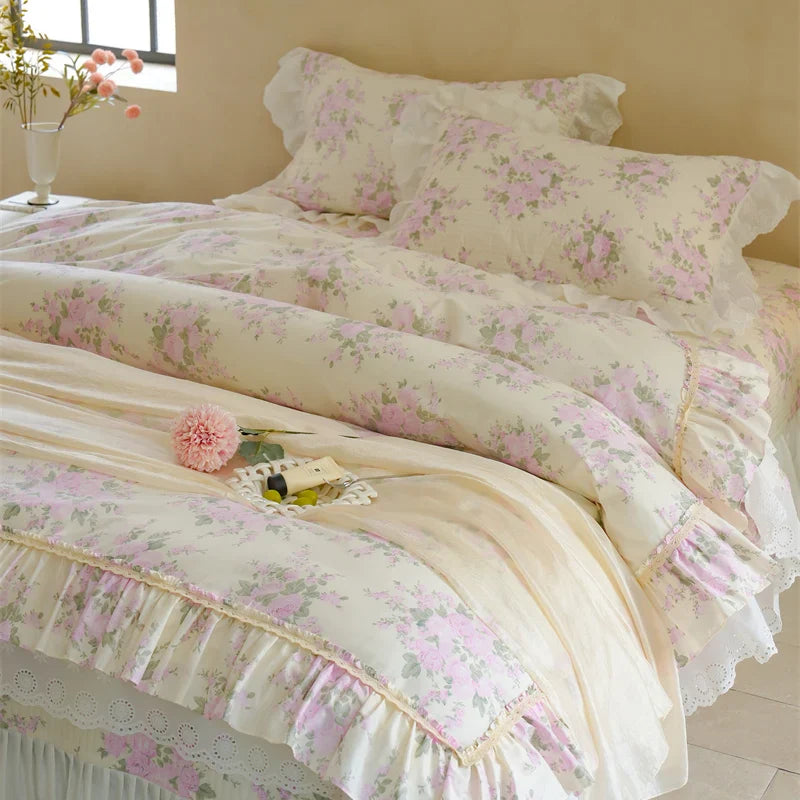 Afralia™ Pure Cotton Floral Quilted Bedding Set with Lace Ruffles