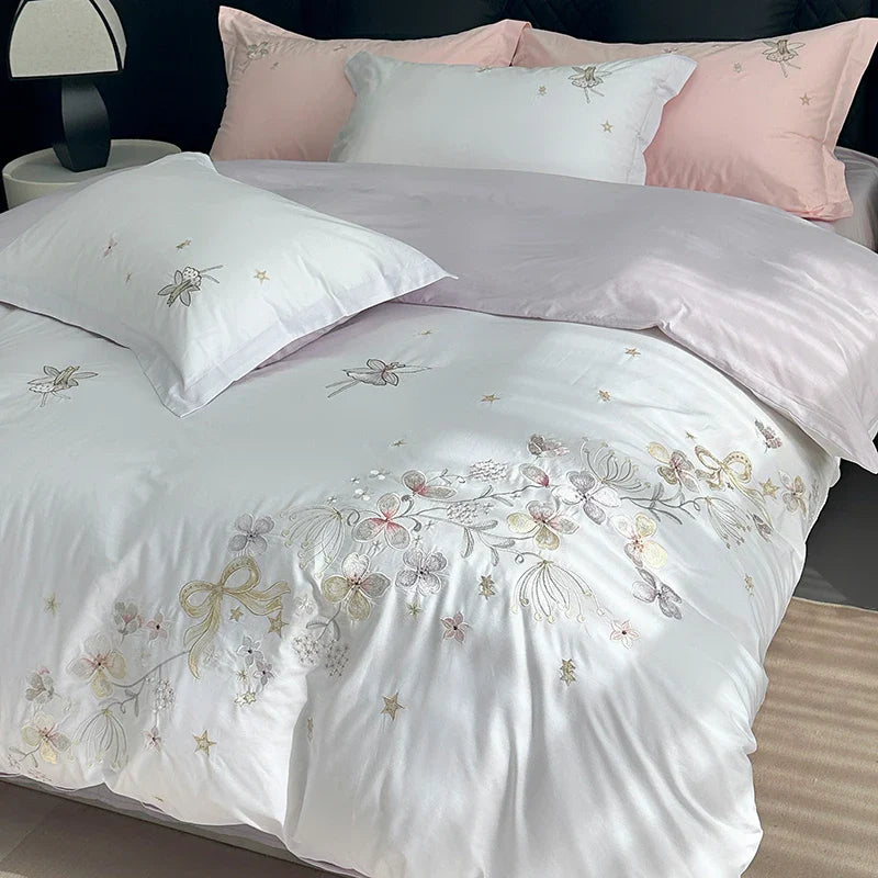 Afralia™ Princess Flower Bow Angel Embroidery Bedding Set