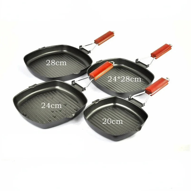 Afralia™ Square Cast Iron Grill Pan with Folding Wooden Handle | Non-Stick Steak Frying Pan for BBQ and Kitchen