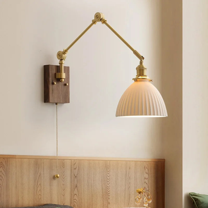 Afralia™ Copper Swing Arm LED Wall Sconce Pull Chain Switch Rotate Walnut Canopy