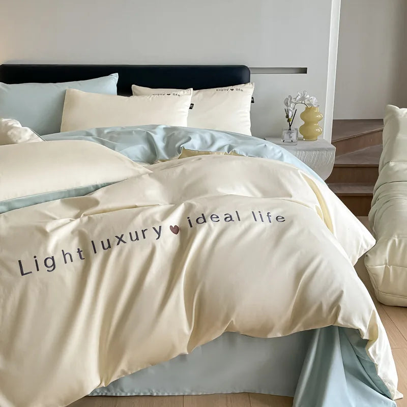 Afralia™ 120S Long Staple Cotton Satin Embroidery Bedding Set - Solid Color Twin Full Double Comforter