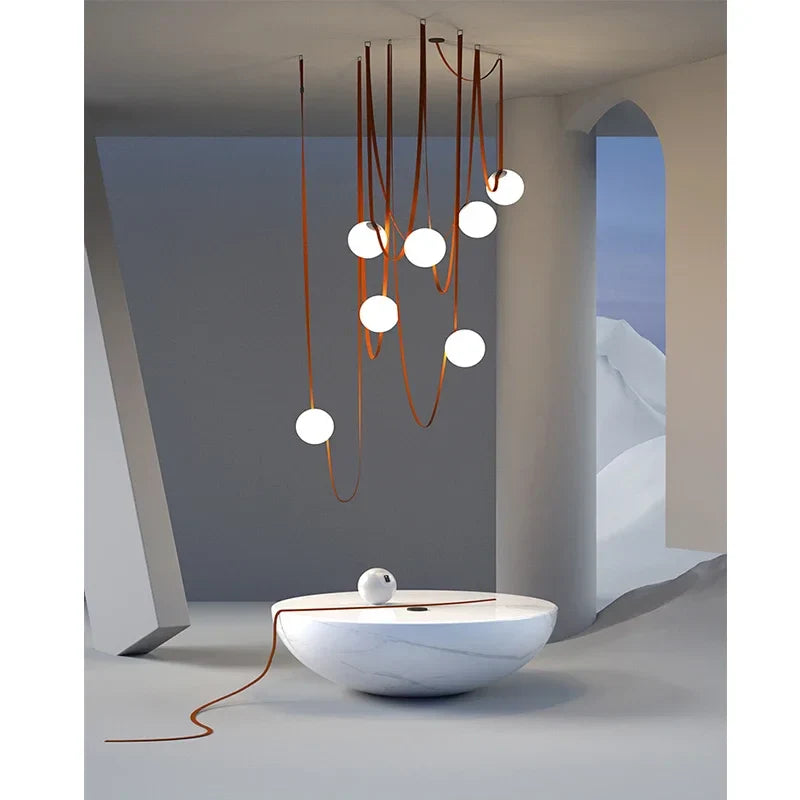 Afralia™ Modern Leather Staircase Villa Chandelier Glass Ball Dining Room Lighting