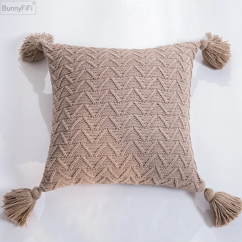 Afralia™ Soft Knit Tassel Pillow Cover 45x45cm Solid Pink Grey Cream for Home Decoration
