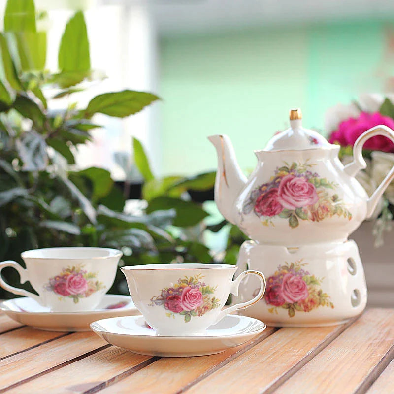 Afralia™ Pink Camellia Tea Set: 500ML Teapot, Warmer, Cup, Saucer - Ceramic Teaware