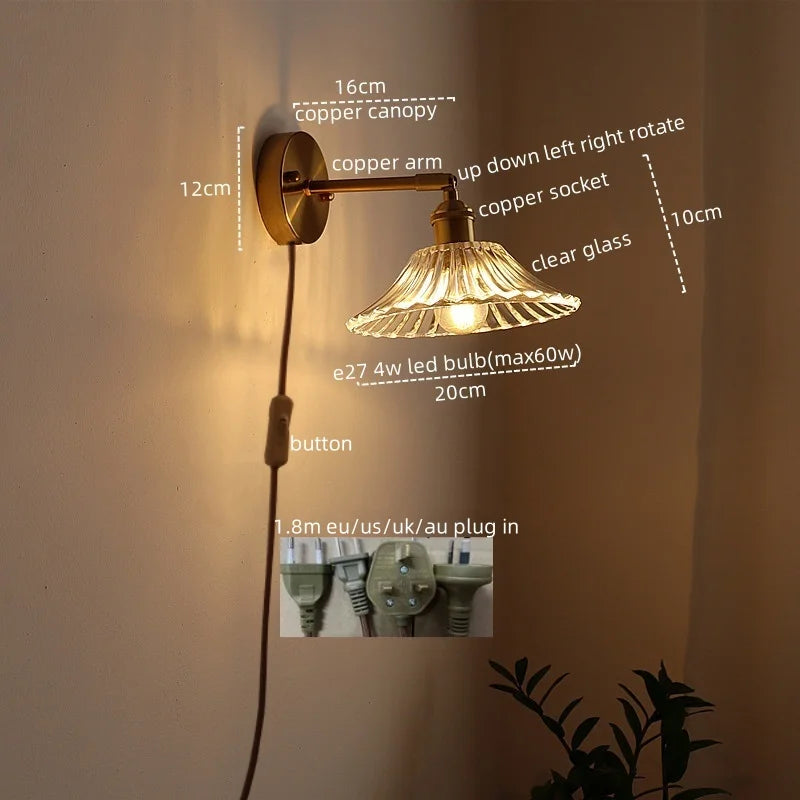 Afralia™ Glass Sconce LED Wall Lamp, Copper Nordic Bedroom Light Fixtures