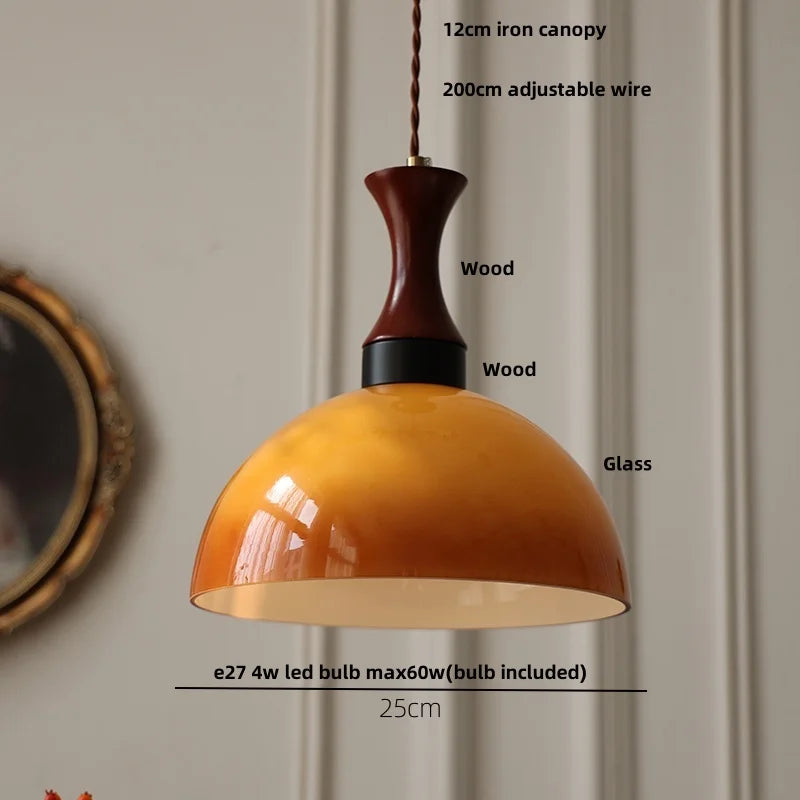 Afralia™ Vintage Amber LED Pendant Light Fixture Wood Glass Loft Adjustable Hang Lamp