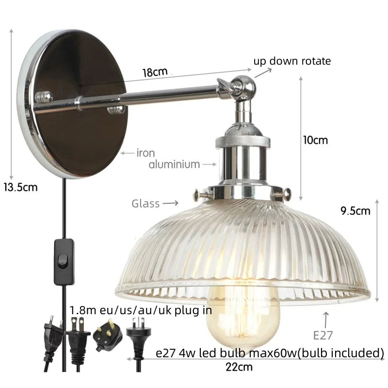 Afralia™ Black LED Wall Lamp Vintage Style Iron Bedside Light Glass Wall Sconce