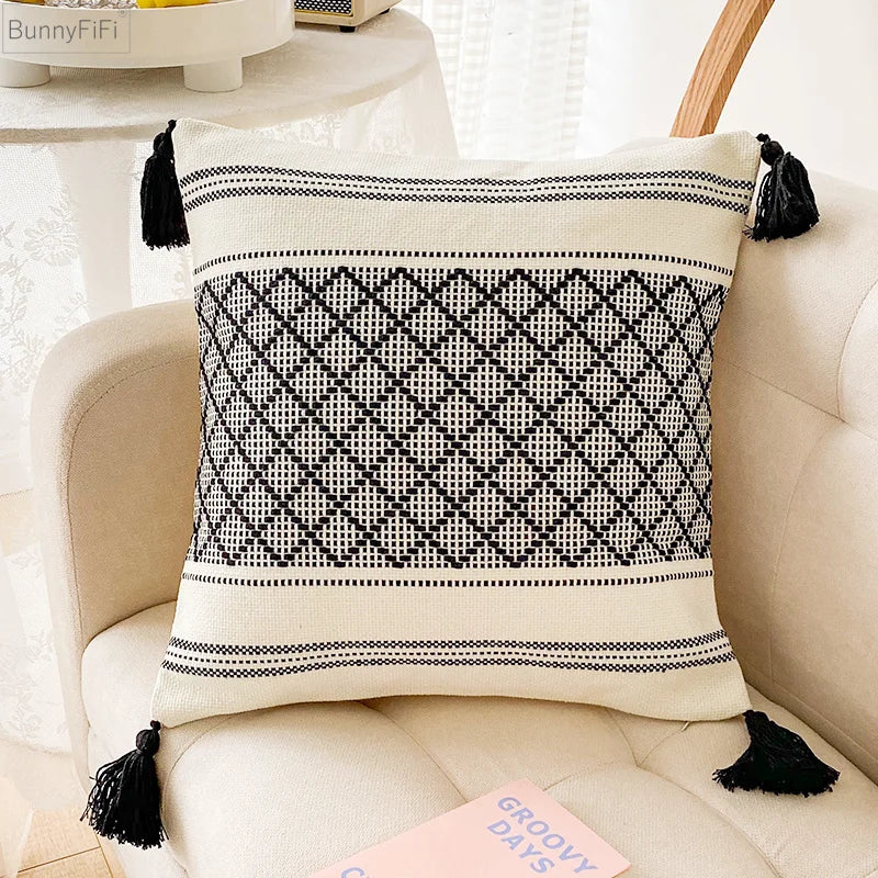 Afralia™ Blue Diamond Jacquard Tassel Cushion Cover 45x45cm