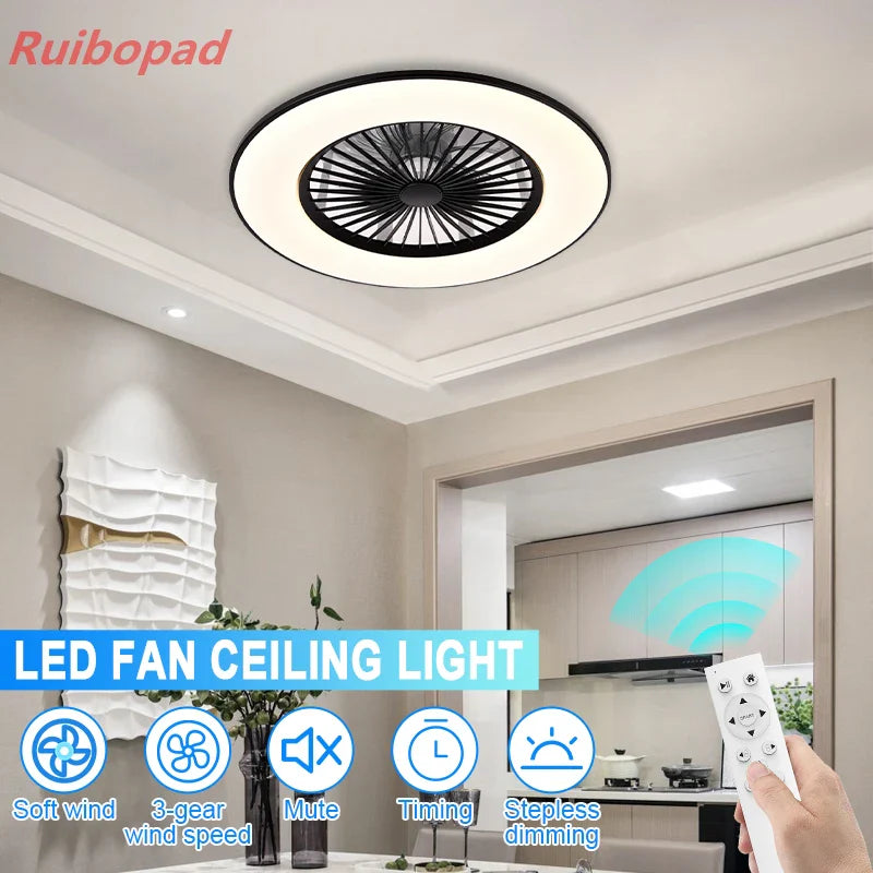 Afralia™ Modern Black 56cm Round Ceiling Fan with LED Light and Remote Control