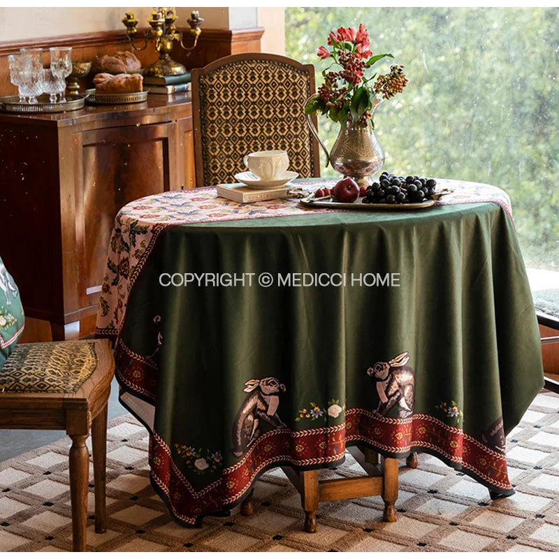 Afralia™ Velvet Tablecloth: Retro Green Rabbit Print Luxury Table Cover