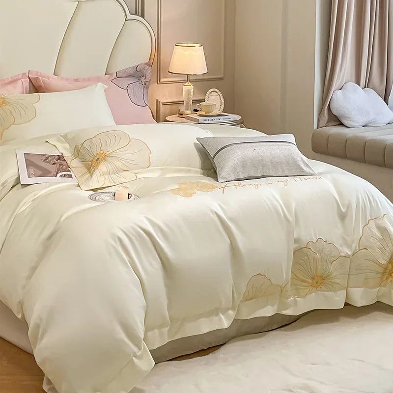 Afralia™ Embroidered Egyptian Cotton Bedding Set for King Queen RU Bed Linens